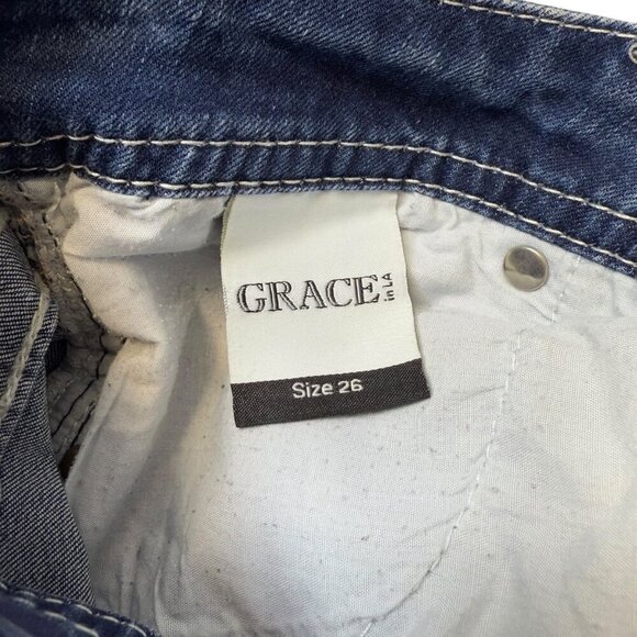 Grace In LA Capri Jeans Womens Sz 26 Blue Embroidered Pockets Distressed Denim - Picture 12 of 13